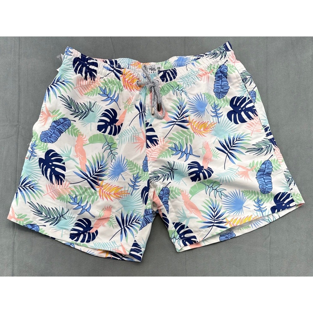 NEW Free Planet Mens Large Tropical Palm Swim Trunks Mesh Lined Multicolor White